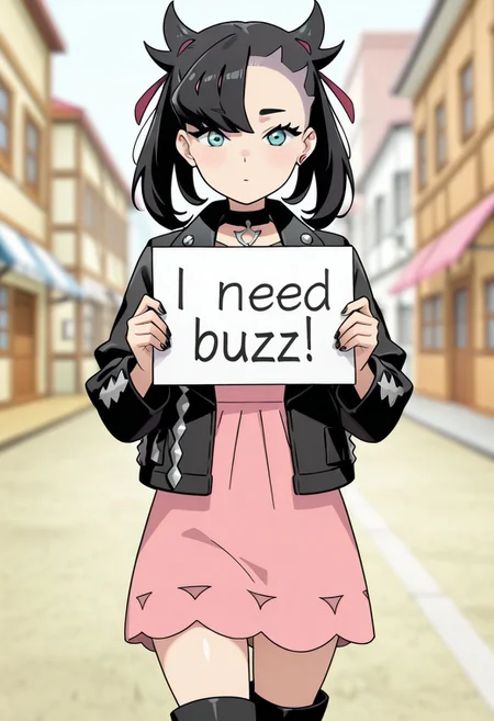 (<lora:PokemonMarnie-IL-v1-08:0.9>, ChopioMarnie, black hair, medium hair, twintails, undercut, pink hair ribbon, asymmetrical bangs, aqua eyes, eyelashes, pink earrings, looking at viewer, black nail polish, outfit_1, black jacket, black choker, jewelry, open jacket, studded jacket, long sleeves, pink dress, black footwear, high heel boots,), (Downtown, depth of field, blurry background), (((need_buzz, Holding a sign that reads "I need buzz", holding sign, solo))), BREAK cute, pretty, stable contrast, (perfect eyes, perfect anatomy, perfect hands:1.2), (score_9, score_8 up, score_7 up, source_anime, masterpiece, best quality, high quality, amazing quality, very aesthetic, absurdres:1.4),