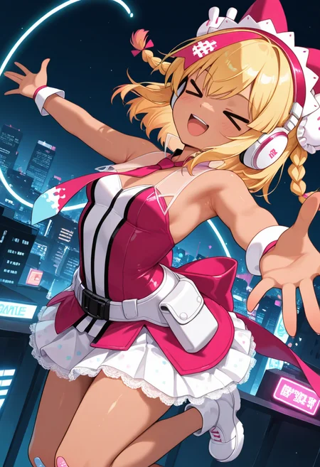 1girl,solo,<lora:xiatianpcil:0.9>,xiatianpc,dark skin,xd,blonde hair,short hair,twin braids,braid,hair bow,headphones,dress,small breasts,bare shoulders,wrist cuffs,necktie,skirt,belt,bandaid on knee,looking_at_viewer,cowboy_shot,dynamic_angle,smile,jumping,midair,outstretched_arms,armpits,arched_back,night,neon lights,city_lights,cyberpunk,masterpiece,best quality,good quality,newest,incredibly absurdres,