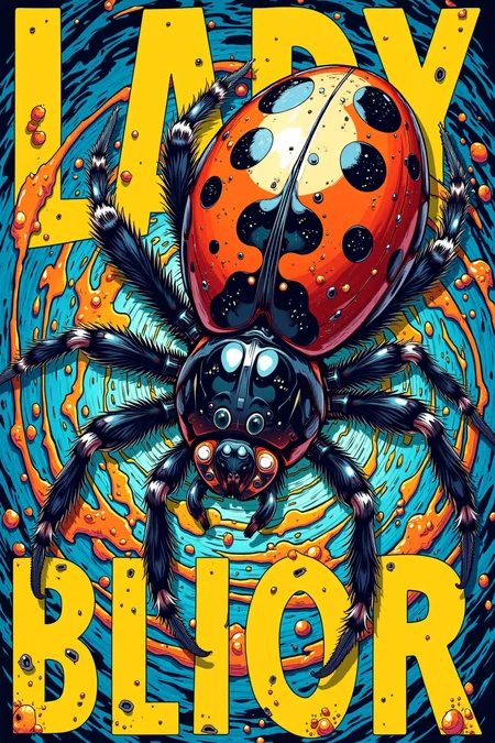 Manga style Poster with bold large fonts and graphics, Digital illustration of a ladybug spider with red and black spotted body, set against a swirling, colorful abstract background, detailed web-like patterns, vivid colors like blue, orange, and yellow, realistic texture, and glossy finish, dramatic lighting, intricate details on spider anatomy, highly dynamic and surreal composition, bright and contrasting colors creating a visually impactful scene, fantasy-inspired, with detailed highlights and shadows.