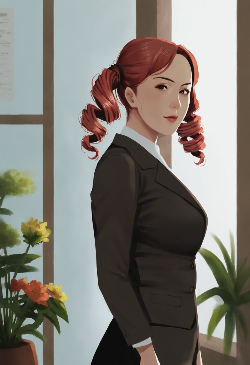 score_9, score_8_up, score_7_up, source_anime, 1girl, large_breasts, mature_female, portrait, solo, looking_at_viewer, open_eyes, Standing, pretending to smell a big flower, rotated, (Red business suit), tri drills, bouffant, Red hair, hotel room, group_profile, rating_safe, <lora:pony\artist_styles\nelson_pony:1.0>