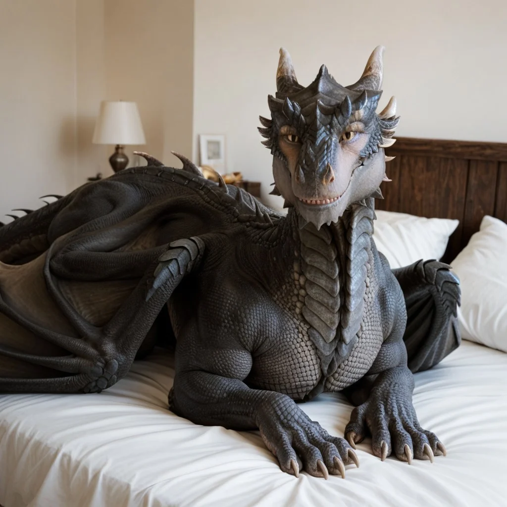 score_9, score_8_up, score_7_up, score_6_up, score_5_up, score_4_up, masterpiece, high quality, realistic, detailed, best quality, white bed, solo, rating_safe, source_furry, bedroom, smiling, seductive pose, lying on belly, looking at viewer, on bed, full body, drago_dh, dragon, gray scales, wings, horns, tail, claws, male, 1boy, hazel eyes, feral