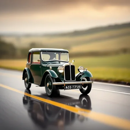Billy's Vintage Car, classy Austin Seven car, motion blur, glassy reflective road, glassy clean landscape, raining warm weather, sleek driving, high-octane, high-definition