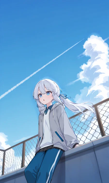 masterpiece, best quality, amazing quality, very aesthetic, absurdres, newest, 1girl, solo, [[yamamoto souichirou, hagoonha, ningen mame]], [[[mika pikazo, eonsang]]], STGSG, GSG, white hair, long hair, twintails, blue eyes, hair between eyes, hair ribbon, blue ribbon, white shirt, collared shirt, untucked shirt, grey jacket, open jacket, hooded jacket, long sleeves, blue pants, track pants, black skirt, miniskirt, pants under skirt, from below, (wide shot, sky focus), looking up, :o, parted lips, sitting, knee up, looking back, contrail, raised eyebrows, light blush, rooftop, arm support, arm rest, blue sky, clouds, cowboy shot, standing, caststation illu