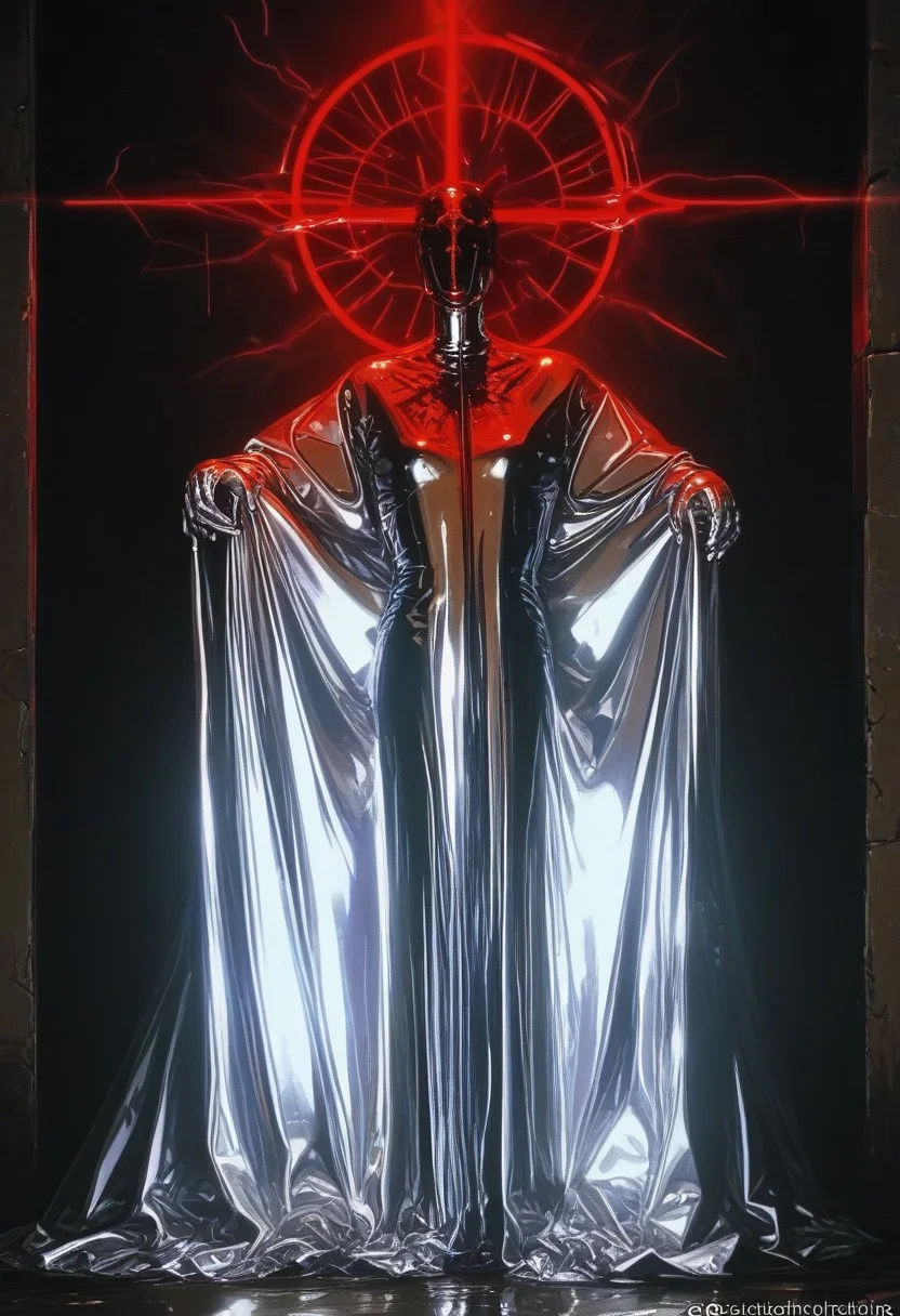 Score 9, Score 8_up, Score 7_up, Hyper-realistic digital illustration (Inspired by André Breton): The masculine figure is portrayed mid-walk, dressed in a surreal chrome priest’s robe that seems to melt and reform with movement. A large, polished chrome cross dangles from his neck. His face is obscured by a dark chrome mask, with narrow slits revealing glowing red eyes. Red color leaks streak across the floor as if marking his path. The background is a single, deep purple hue, with surreal chrome reflecting jagged light, capturing the mysterious, cultish aura with high-contrast chrome detailing.