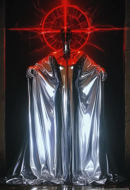 Score 9, Score 8_up, Score 7_up, Hyper-realistic digital illustration (Inspired by André Breton): The masculine figure is portrayed mid-walk, dressed in a surreal chrome priest’s robe that seems to melt and reform with movement. A large, polished chrome cross dangles from his neck. His face is obscured by a dark chrome mask, with narrow slits revealing glowing red eyes. Red color leaks streak across the floor as if marking his path. The background is a single, deep purple hue, with surreal chrome reflecting jagged light, capturing the mysterious, cultish aura with high-contrast chrome detailing.