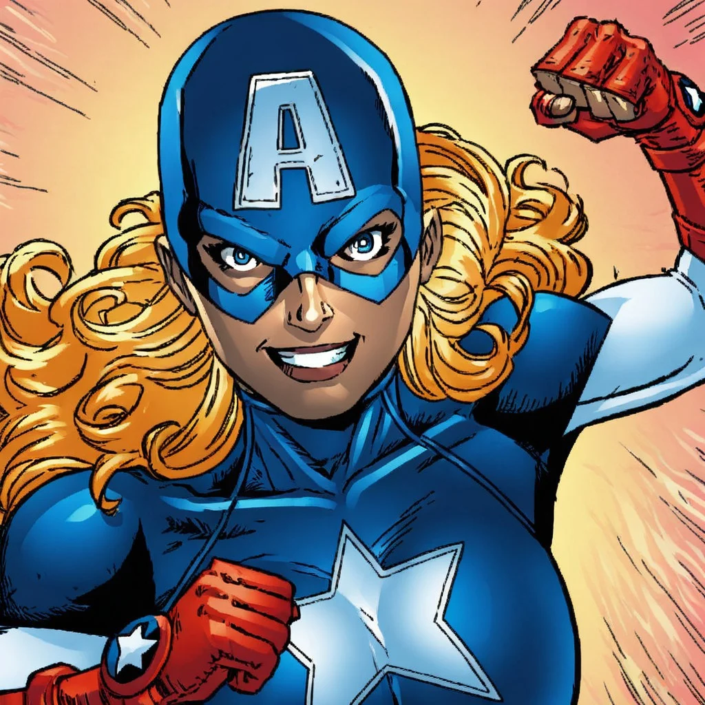 American Dr3am,1girl, superhero, blonde hair, solo, animification, long hair, blue eyes, mask,  gloves, star (symbol), huge breasts, upper body,bodysuit, smile,action pose