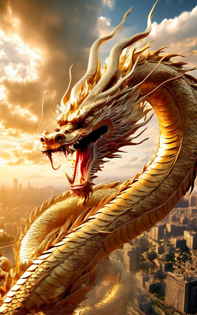(best quality,masterpiece, intricate,ultra-detailed,realistic,RAW photo,8k uhd,ultra high res,photorealistic style,cinematic scenes, sharp focus,dramatic lighting,extremely detailed CG unity wallpaper) ,a golden dragon flying over a city,<lora:CL_4Guardians_XL_v1:1>