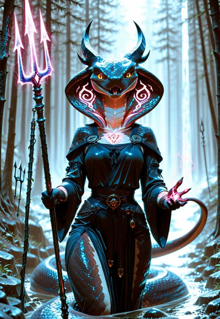1girl, solo, DDCH Naga, ((snake head)), ((black scale)), ((horns)), ((ritual tattoos, glowing tattoos)), ritual clothes, ((one trident weapon, violet electricity trident weapon, in two hands)), ((Points the weapon at the viewer)), snake tongue, gold eyes, ((snake tail Instead of legs)), ((one tail)), ((detail head view)), BREAK, ((dynamic close up view,)), (((dynamic angle))), BREAK, (((dark night))), rocks, swamp background,
HDR, 8k, high contrast, masterpiece, best quality, amazing quality, very aesthetic, high resolution, ultra-detailed, absurdres, perfect lighting, volumetric lighting, dramatic shadows, (dark light), cinematic lighting, (sharp image), safe, scenery, (perfect anatomy, perfect hand anatomy, perfect face anatomy, perfect eyes anatomy, perfect mouth anatomy), perfect lighting, (sharp image), perfect anatomy, Focus face, (sharp focus), ILXLpos, dynamic pose, foreshortening, extreme perspective