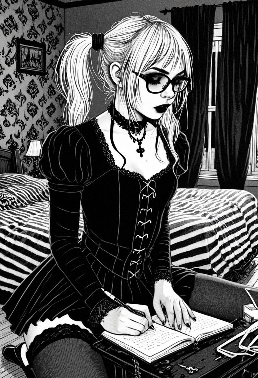 gothic, digital illustration, flat colors, line art, black and white, nerdy 18 year old goth girl writing in her diary, glasses, blond, pigtails, short skrit, inside her bedroom, sexy, creative angle,