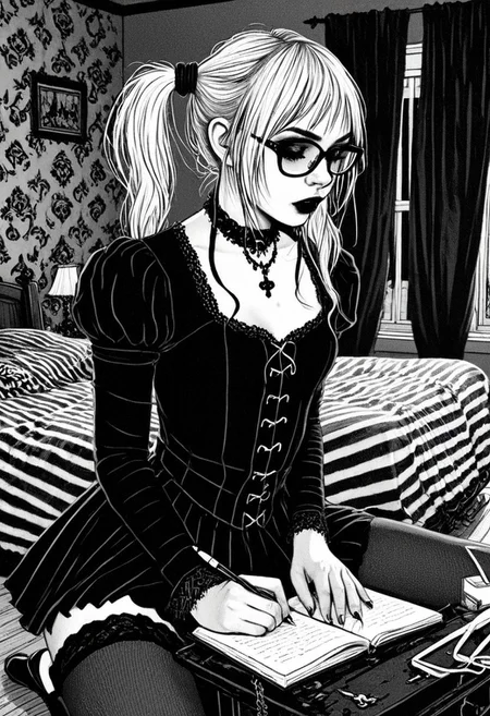 gothic, digital illustration, flat colors, line art, black and white, nerdy 18 year old goth girl writing in her diary, glasses, blond, pigtails, short skrit, inside her bedroom, sexy, creative angle,