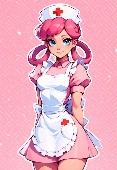score_9, score_8_up, score_8, medium breasts, (curvy), cute, eyelashes,
rating safe,
BREAK,
zznursejoy, pink hair, hair rings, blue eyes, pink dress, apron, nurse cap, cowboy shot,
BREAK,
smile, looking at viewer,
pink theme,
abstract background, hearts pattern background, white outline,
zPDXL,