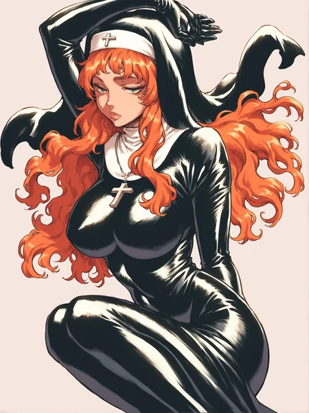 source_anime, score_9. score_8_up, score_7_up, score_6_up, score_5_up, score_4_up, (plump:0.3), large breasts, ginger hair, 1girl, , long hair, bodysuit, cross, black bodysuit, nun, black latex, latex bodysuit, simple background, <lora:b3rs3rkstylev1SDXLpony1:1> b3rs3rkstyle