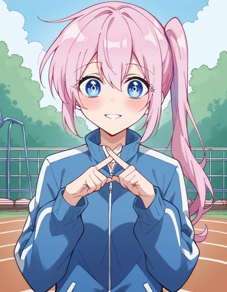 score_9, score_8_up, score_7_up, source_anime, <lora:miyako-shikimori-s1-ponyxl-lora-nochekaiser:1>, miyako shikimori, long hair, blue eyes, hair between eyes, pink hair, medium breasts,, long sleeves, jacket, white shirt, side ponytail, blue jacket, track jacket, track suit,, playground, swings, slides, children, outdoors, smile, <lora:x-fingers-ponyxl-lora-nochekaiser:1>, x fingers, blush, parted lips,, looking at viewer, solo,, dutch angle, cowboy shot