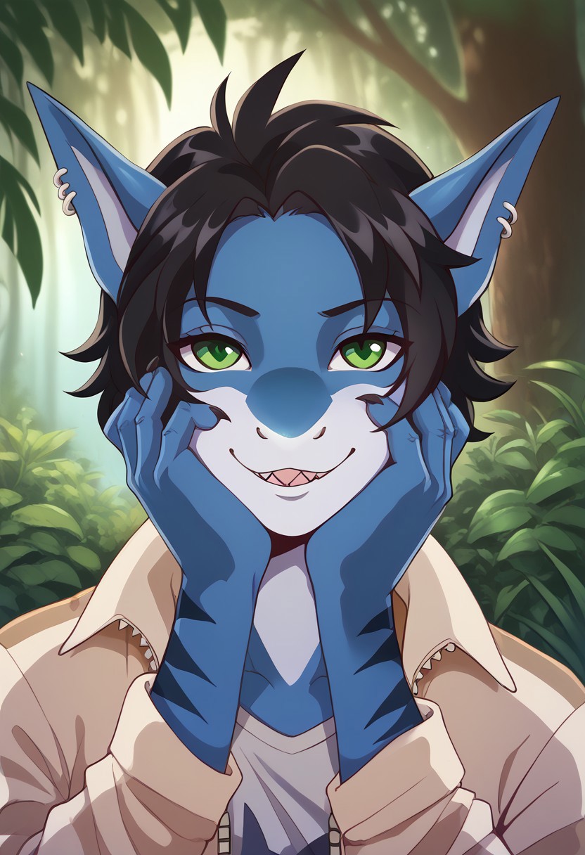 <lora:Scappo_Style_v2_PonyXL:0.8> by scappo, scappo,  score_9, score_8_up, score_7_up,1boy, lunarsunxl,  anthro shark,dark blue skin, stripes on the body, short hair,lush hair,black hair, green eyes, shark tail, ear piercing, BREAK, light jacket, <lora:yandere_trance_v1_pruned:1>, yandere trance, close-up