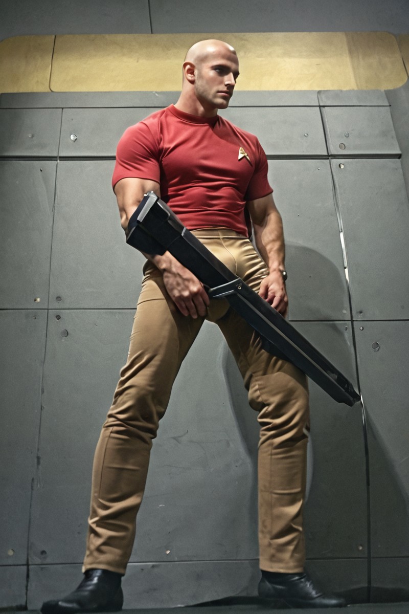 1boy, 20 year old male, Handsome, masculine, blonde, star trek, red shirt, muscle,  tall, tight shirt, wide pectorals, big shoulders, wide shoulders, muscular neck, German, standing at attention, bald, big pale blue eyes, abs, biceps, serious facial expression, phaser, hand, long bulge in his pants, ((((view from below)))),
1960 black dress pants, pants,
stunf, star trek uniform, uss enterprise ncc-1701 interior background, star trek, space ship interior, 1960s TV,