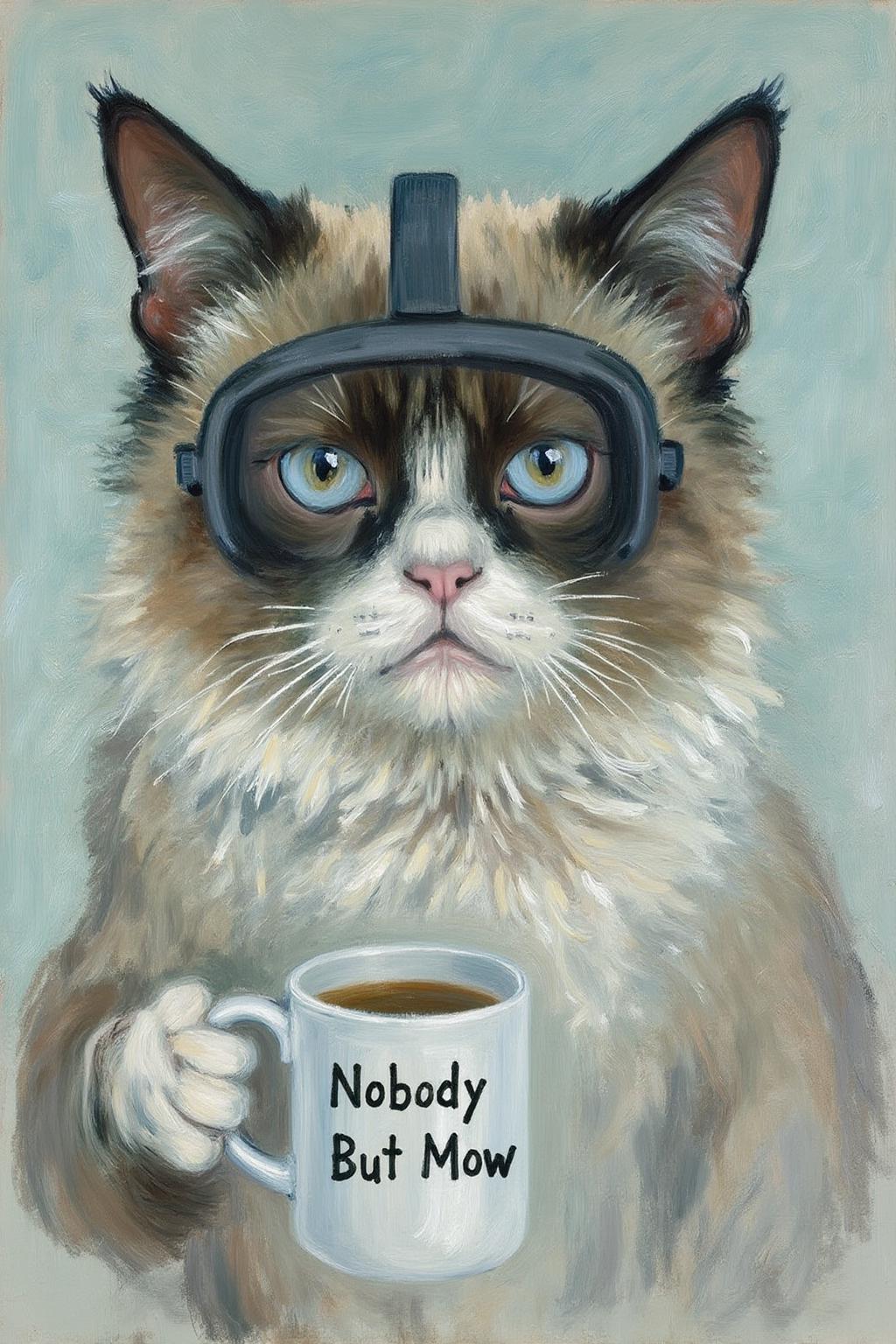 claudemonet1 painting. 
Grumpy Cat holding a coffee mug, wearing a VR Headset. The mug has the phrase "NobodyButMeow" printed,
 <lora:claudemonet1_cap_d8a4e12:1.0><lora:843590860651364268:0>