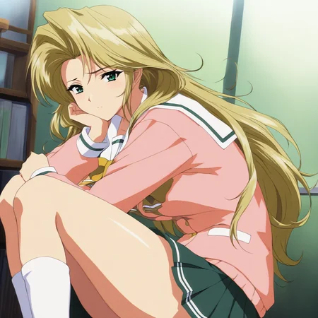 masterpiece,1girl,solo,looking at viewer,<lora:Kaori_Replay ag4o v1:1> kaori_replay, blonde hair, long hair, green eyes,school uniform,skirt,socks,