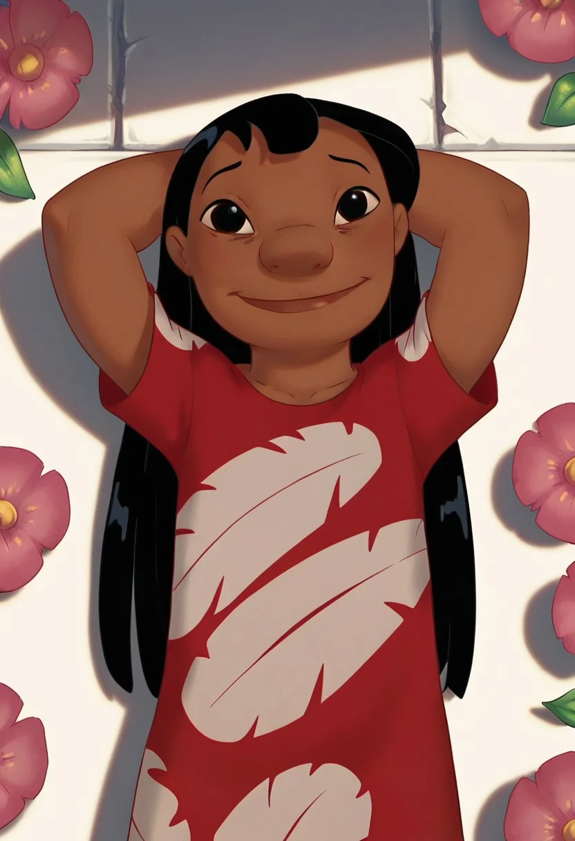 score_9, score_8, score_7, break, solo, lilo_pelekai, dark skin, black hair, long hair, black eyes, red dress, arms behind head, on back, flowers, sunlight, looking at viewer, smile, white wall