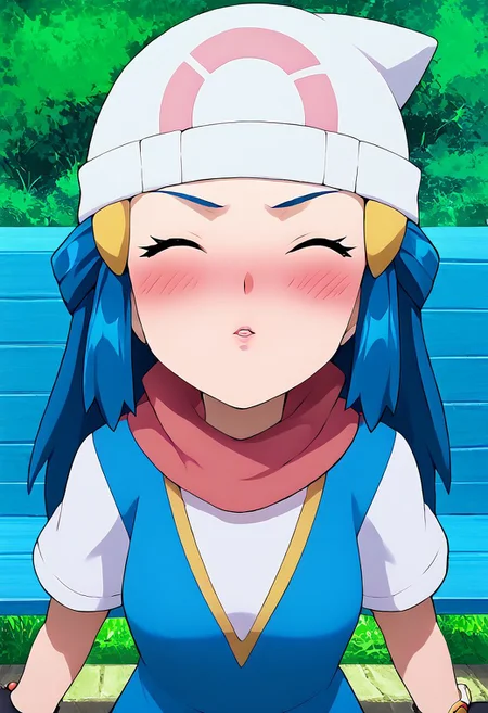 score_9, score_8_up, score_7_up, source_anime,
pokemondawn, <lora:pokemon-dawn-ponyxl-lora-nochekaiser:1>
1girl, solo, pokemon dawn, (blue hair), sidelocks, (long hair), (((blue vest))), (((vest with yellow outlines))), (white shirt), cute, arm up, fingerless gloves, black gloves, bracelet, jewelry, red scarf, scarf, yellow headwears,
outdoors, nature,
looking at viewer, dutch angle, (anime screencap), anime, 2d, ((official art)), (((upper body))), ((small breasts)), mature female, soft sun light, ((blush)), (arms behind back), closed mouth, closed eyes, incom, facing viewer, ((parted lips)), reaching, girl focus,(bench), sitting, outdoors, forest,grass,full-face blush,embarrassed, from above, (leaning forward), pov, closer face, incoming kiss, looking at viewer