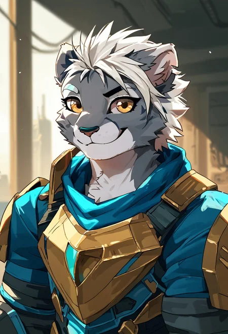 score_9, score_8_up, score_7_up, source_furry,
SFW,
By yelftea, by noctoc, by blackwhiplash, warcraftstyle,
background,sci-fi, rich colors
solo, bust, manul, cyborg, girly guy, tall, athletic,plump, daring, gray fur, white hair, short hair, gold eyes, detailed face, sharp smile, manul tail
Hydraulic armor, all honeyed and sticky
