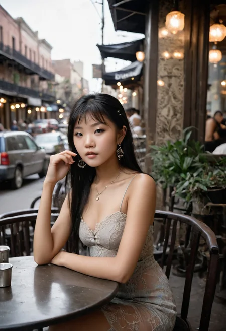 eye catching, majestic Leah Li, Petite, asian, darkskin,, 18 year old Chinese woman, flat chested, ((no boobs)), straight hair, earrings, eye liner, long bangs, 4k, very detailed, eyeliner, ((black hair)), ((blunt bangs)), ((slender face)), ((thin lips)), a cinematic photograph of a woman in a random color translucent lace sundress, sitting at a table in a cafe on the street. New Orleans
intricate jewelry, necklace, earrings, rings, bracelet, top unbuttoned, wind lifting a short skirt, stockings, long wavy hair, street lamp, potted flowers, tables of the summer cafe, a rag tent on the cafe,, giving the viewer a seductive look, OverallDetail, eye catching, drab, OverallDetail, LeaLi, coffeeyadream, holding coffee, full body view