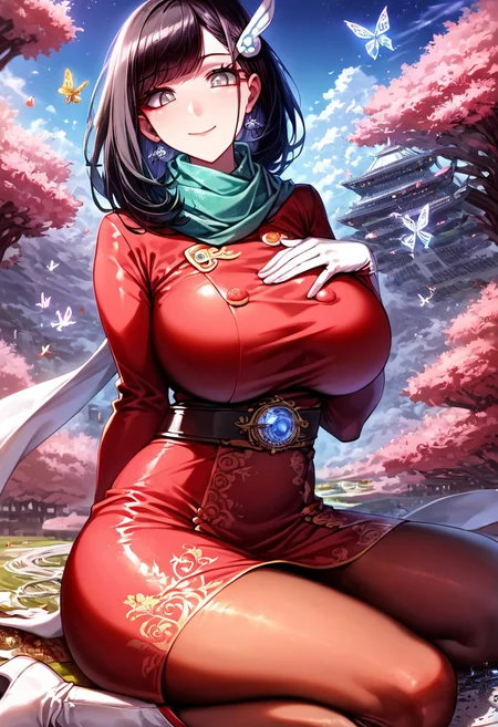 gorgeous lips, cinematic, (masterpiece), (best quality), (ultra-detailed), very aesthetic, perfect composition, intricate details, absurdres, detailed face, (anime, masterpiece, intricate:1.3), (best quality, hires textures, high detail:1.2), score_9, score_8_up, score_7_up, source_anime, 1girl, scselene, black hair, long hair, bangs, grey eyes, eyelashes, hair ornament, scarf, dress, red dress, long sleeves, buttons, gloves, white gloves, belt, pantyhose, green pantyhose, boots, white footwear, butterflies, jyojifuku, china dress, skirt, floral patterns, heels, alternate_costume, big breasts, facial expression, kind, soft eyes, head tilt, slightly smiling, closed mouth, hand on breasts, breasts covered, goddess, planet size, giantess, enormous body, growing even bigger, towering over cities, small planet, sitting on city, floating object, gradient eyes, beautiful detailed eyes, Chinatown background, Chinatown landscape, Chinatown, temples, outdoors, cherry blossom forest, small lakes, holding planet, (masterpiece:1.4), (best quality:1.4), (ultra-detailed:1.2), gl0w, glow,