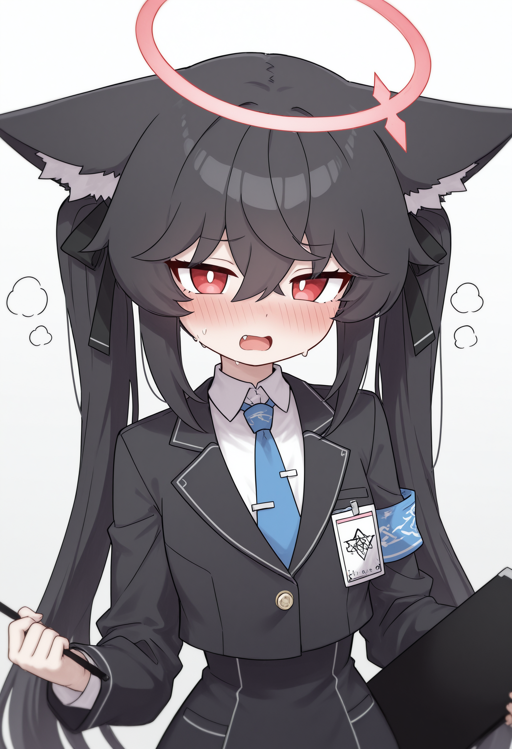 narrow waist,slender,petite1girl, solo, long hair, blush, open mouth, shirt, black hair, long sleeves, red eyes, holding, animal ears, ribbon, hair between eyes, twintails, jacket, school uniform, white shirt, upper body, hair ribbon, sweat, necktie, collared shirt, fang, cat ears, halo, black jacket, animal ear fluff, blue necktie,masterpiece,best quality,newest,absurdres,highres,very awa, <lora:None:1.0> <lora:WOF_å½±ä¹ç¼:0.9500000000000002>
