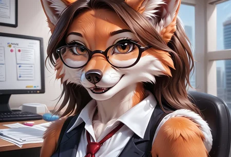 HioShiru artstyle, Realistic, highres, super high resolution, 8k, photo, F.M PDXL, rostran style, anthro, Vixie, fox furry, fox markings, lean figure, tufted fur, tufted ears, fluffy wolf tail, orange fur, brown eyes, long brown hair, solo, medium breasts, seductive smile, close-up, modren city, office, office outfit, glasses, legwear,