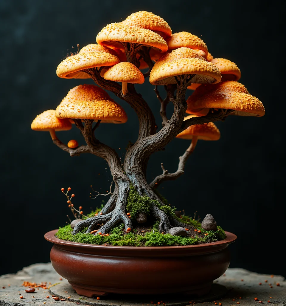 very old dynamic mushroom in brown bonsai pot, advertisement art, intense, film still