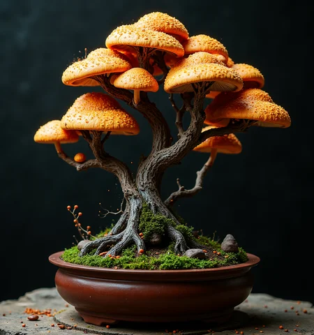 very old dynamic mushroom in brown bonsai pot, advertisement art, intense, film still