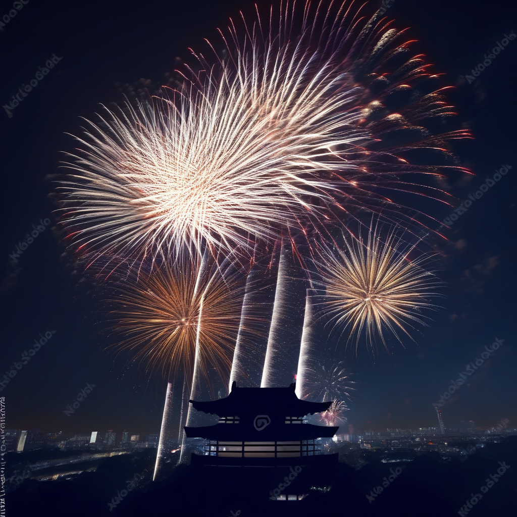 kimono, 1girl, sky, aerial fireworks, dark, english text, building, solo