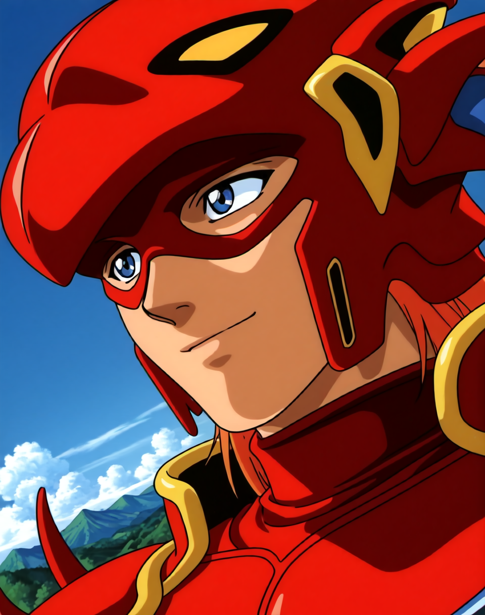 <lora:Mushra_(Shinzo)_(Illustrious)_(AD):1.5> Mushra, phoenix armor, Shinzo, 
exterior, vivid anime blue sky with detailed clouds, mountains, nature, dynamic action, dutch angle, male focus, head turned to side, glossy red armor, brash happy expression, male focus, forward facing, anime from the early 2000s, 
BREAK: lazypos (3),