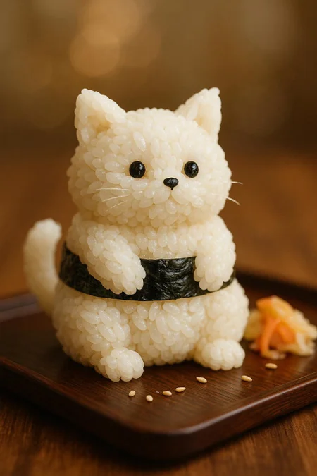 An artistic creation: a whimsical white cat sculpted entirely from sticky, short-grain steamed rice, each individual grain subtly visible and packed together to form a rounded, fluffy shape. Its body is soft and pillowy, with carefully molded rice forming tiny ears, paws, and a curled tail. A dark, glossy strip of crinkled nori seaweed wraps snugly around its midsection like a belt, adding a savory visual contrast. The rice cat sits on a smooth, lacquered dark wooden tray, with a few scattered sesame seeds and pickled vegetables nearby to enhance the food-like presentation. The background is softly blurred with a shallow depth of field, creating a warm, dreamy bokeh effect. The scene combines culinary realism with playful imagination, rendered in high detail with natural lighting that gives the rice a slightly glossy, appetizing sheen.