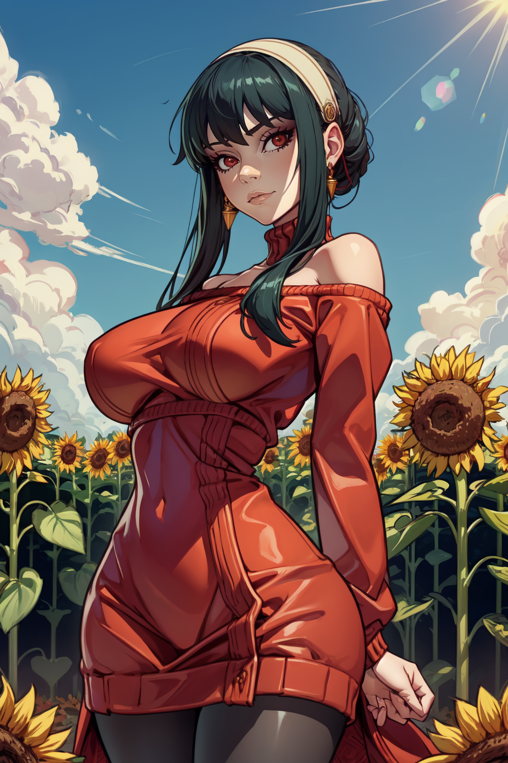 1girl, (solo:1.2), curvy, (masterpiece:1.2), (best quality:1.2), (perfect anatomy:1.4), (interacting with the viewer while facing him in a dynamic pose in motion), (arms behind back:1.3), cute, closed mouth, (large breasts:1.4), (cowboy shot:1.4), <lora:xxNikichenxx [MockAi - v1.0]:0.8> xxnikichenxx, pinup, shiny skin, <lora:Yor Briar [h_madoka - v1.0]:0.8> bbyorf, short hair with long locks, white hairband, red eyes, gold earrings, large breasts, jewelry, off shoulder, red sweater, sweater dress, long sleeves, black pantyhose, (sunflower field:1.3), (summer:1.3), (dust path beside field), blue sky, sunflowers everywhere,