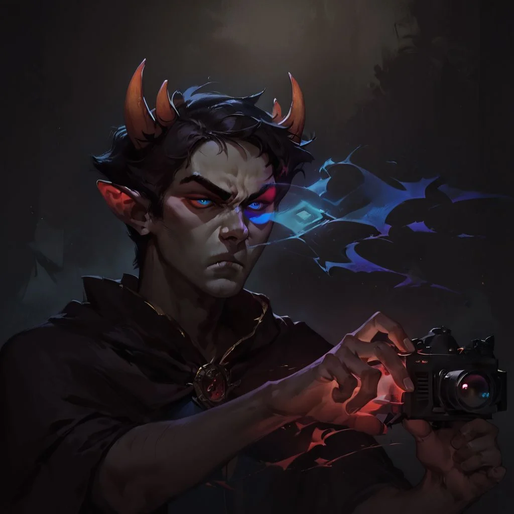 score_9, score_8_up, score_7_up, score_6_up, concept art, realistic, dark theme, low light, Sollux Captor, grey skin, black hair, four horns, red and blue eyes, sorcerer outfit, wizard outfit, annoyed expression, glowing hands, casting a spell, 1boy