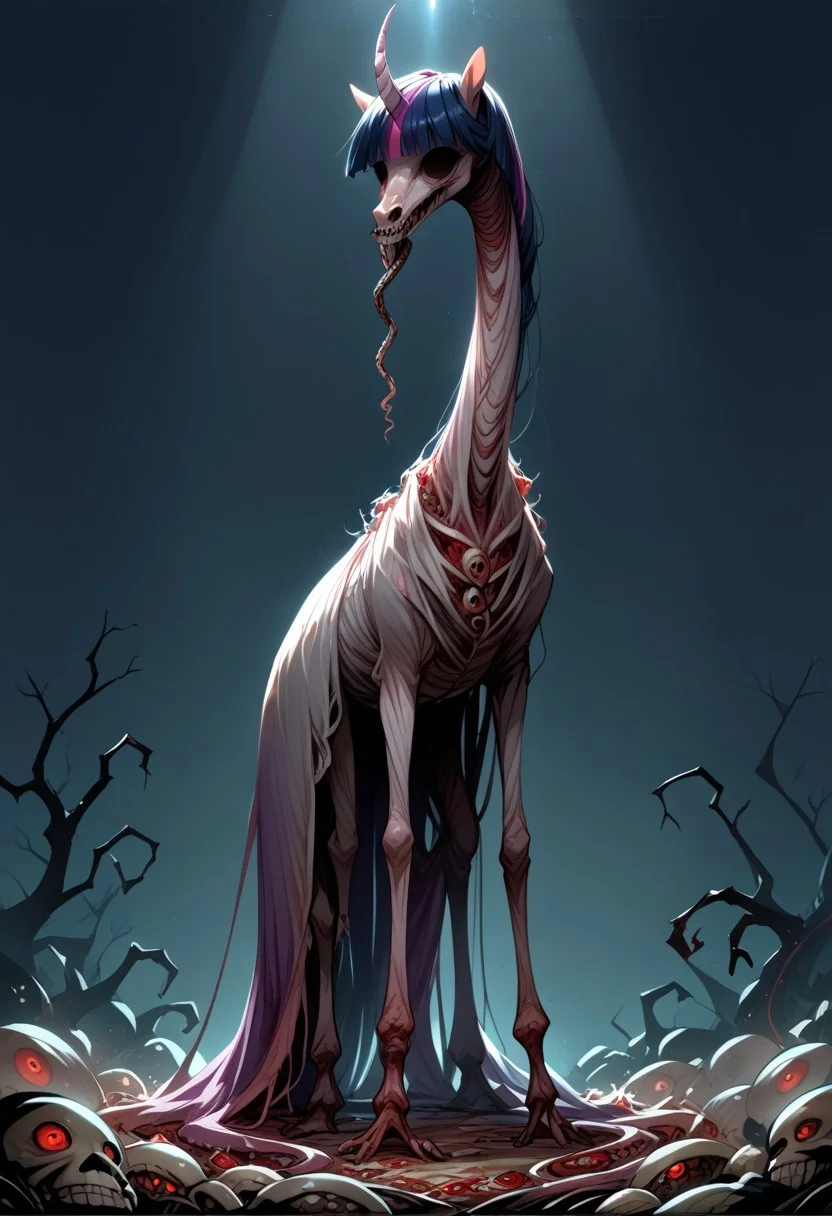 score_9, score_8_up, score_7_up, source_pony, solo, Nightmarish twilight sparkle, feral pony, wings, unicorn horn, (long legs, long neck, horror, no eyes, no face:1.5), (indirect lighting, dynamic lighting:1.4), simple background, (detailed image, high resolution, 5k resolution:1.0), (hyper realistic art style), (horror Art Style:1.2)