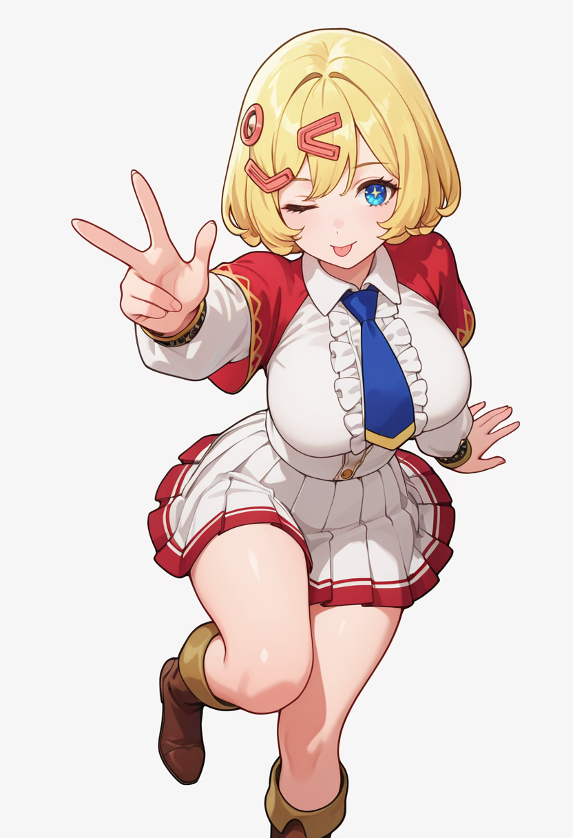 Smooth Quality,masterpiece,very intricate, high quality details, ultra realistic, high detailed skin,detailed enviorement,absurdres,
middle w,solo,
 <lora:Esyne_CNR:0.8> esyne_cnr, blue eyes, blonde hair, short hair,large breasts, hair ornament, hairclip, 
white shirt, blue necktie,long sleeves,red capelet,white skirt, pleated skirt, knee boots, center frills,, simple background, white background, from above,
reclining, one leg over other, arm on backrest, calm, composed,  ,, ;p,