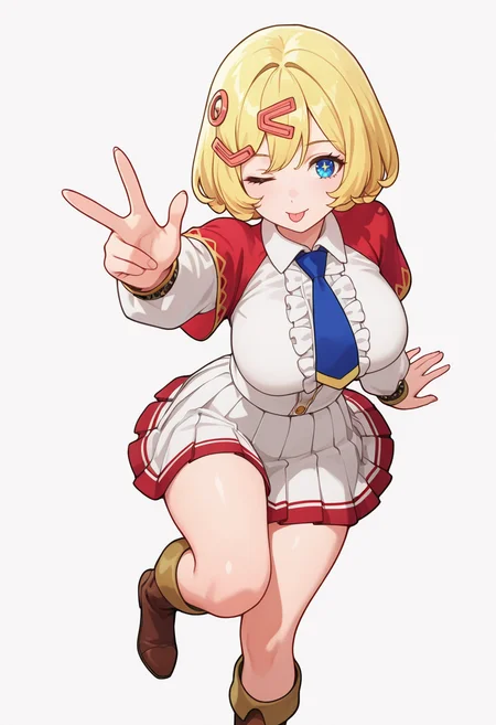 Smooth Quality,masterpiece,very intricate, high quality details, ultra realistic, high detailed skin,detailed enviorement,absurdres,
middle w,solo,
 <lora:Esyne_CNR:0.8> esyne_cnr, blue eyes, blonde hair, short hair,large breasts, hair ornament, hairclip, 
white shirt, blue necktie,long sleeves,red capelet,white skirt, pleated skirt, knee boots, center frills,, simple background, white background, from above,
reclining, one leg over other, arm on backrest, calm, composed,  ,, ;p,