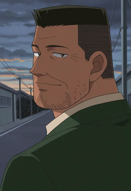 1boy, (close-up:1.5), from behind, looking back, street, light smile, looking at viewer,
BREAK
<lora:Inspector_Yuminaga_from_Detective_Conan_v1.0:1>
inspectoryuminaga, mature male, stubble, black hair, flattop, dark skin,
BREAK
green suit, beige shirt, collared shirt, cloudy sky, dawn,
BREAK
very awa, masterpiece, best quality, absurdres, newest, perfect quality, detailed background, intricate details, anime screencap,