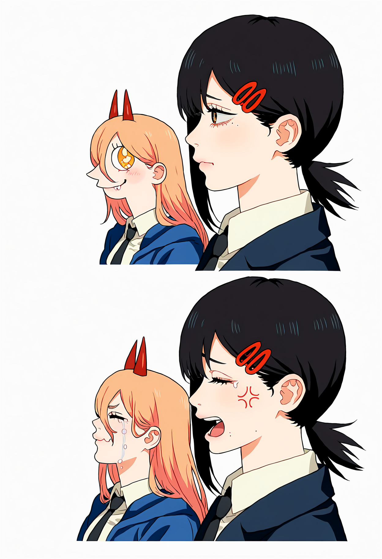 masterpiece, best quality, absurdres, good boy, 2girls, power \(chainsaw man\), smile, looking at another, higashiyama kobeni, sad, closed mouth, simple background, white background, closed eyes, comic, open mouth, .., crying, anger vein, <lora:good_boy_meme:1>