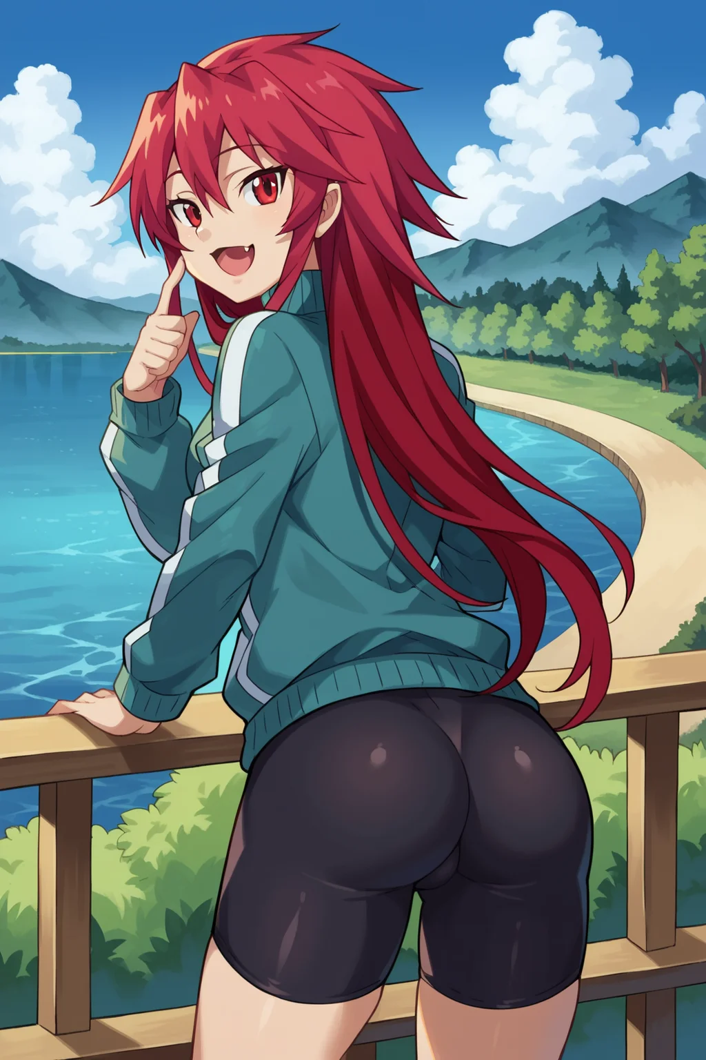 score_9, score_8_up, score_7_up, source_anime, <lora:Mari_Setagaya_epoch_13:1>, 1girl, solo,
mari setagaya, human-form, 1girl, solo, long hair, looking at viewer, smile, shirt, red eyes, red hair, fang,
track jacket, outdoors, bridge, from behind, looking back, ass, bike shorts, hand up, open mouth, against railing, river, happy, turning around,