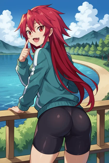score_9, score_8_up, score_7_up, source_anime, <lora:Mari_Setagaya_epoch_13:1>, 1girl, solo,
mari setagaya, human-form, 1girl, solo, long hair, looking at viewer, smile, shirt, red eyes, red hair, fang,
track jacket, outdoors, bridge, from behind, looking back, ass, bike shorts, hand up, open mouth, against railing, river, happy, turning around,