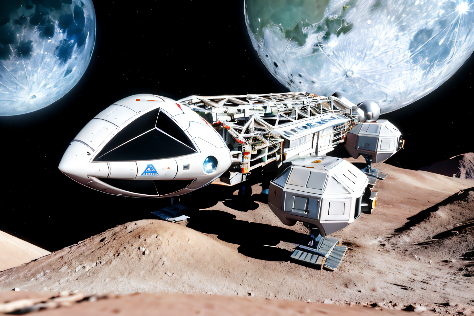 (Realistic:1.5) (masterpiece) EdobSpace1999Eagle, military, no humans, black background, machinery, spot color, science fiction, military vehicle, cable, vehicle focus, space background, no humans, moon, star (sky), lens flare, science fiction, sun, retro artstyle, space, planet, earth (planet), spacecraft, concept art, view from back, <lora:EdobSpace1999Eagle_v1.0:0.9>