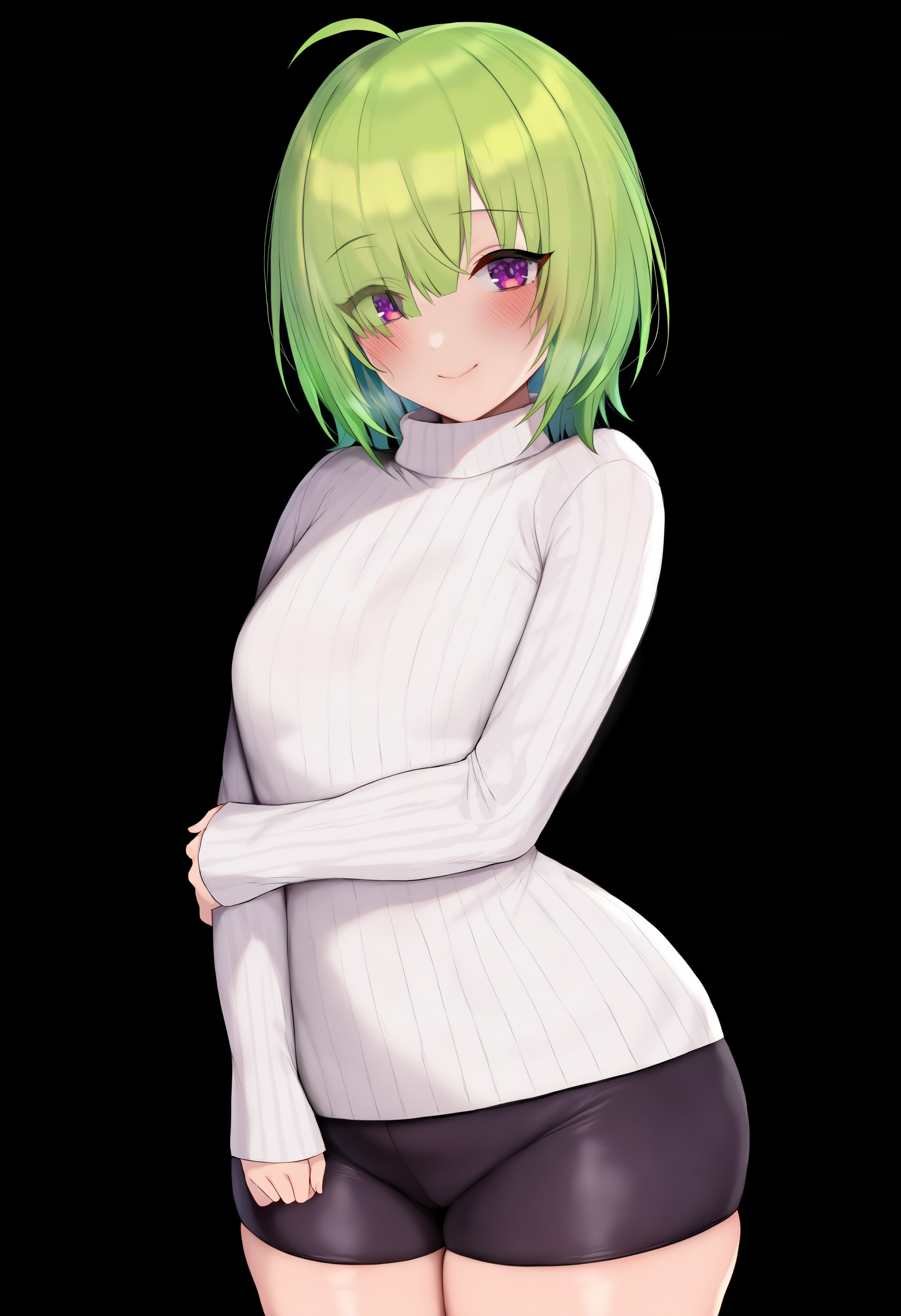 masterpiece, best quality, 1girl,
solo, small breasts, wide hips, thick thighs, shorts, curvy, shiny clothes, turtleneck sweater, green hair, cowboy shot, turtleneck, blush, purple eyes, medium hair, ribbed sweater, smile, white sweater, closed mouth, thighs, breasts, open mouth, bike shorts, black background, arm under breasts, eyes visible through hair, looking at viewer, standing, hand on own arm, ahoge, long sleeves  <lora:blue gk:1>