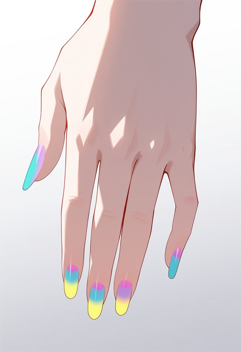 anime style,  source_anime, (masterpiece:1.4), (best quality:1.4), (ultra-detailed:1.3), 8K, UHD, HDR, cinematic lighting, volumetric lighting,
BREAK
1girl, solo, (perfect hands:1.2), close-up, focus on hands, fingernails, stilleto nails, multicolored nails, gradient background, hand focus, close-up, simple background, nail polish, long nails,, gradient background, simple background, focus on character,