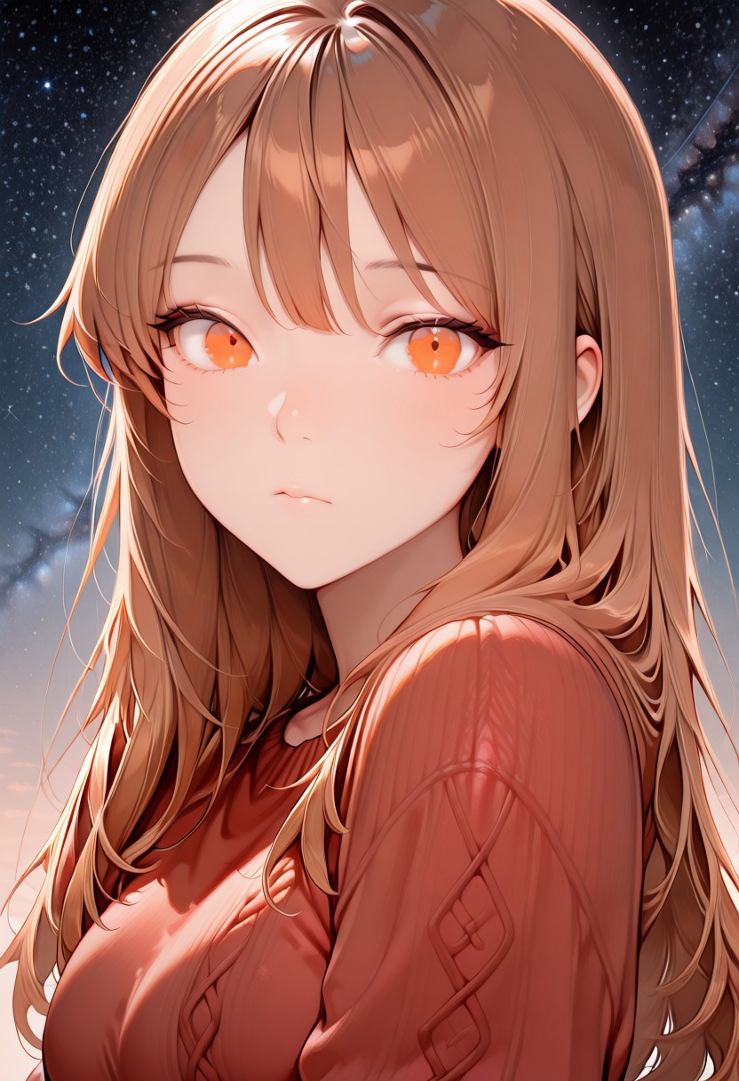 1girl, Sophiesw, long hair, brown hair, bangs, orange eyes, medium breasts,  looking at viewer,
red sweater, portrait,  starry sky, 
lazypos <lora:Sophie_-_OC_by_Shiro-IL-V1:1>