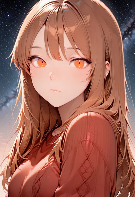 1girl, Sophiesw, long hair, brown hair, bangs, orange eyes, medium breasts,  looking at viewer,
red sweater, portrait,  starry sky, 
lazypos <lora:Sophie_-_OC_by_Shiro-IL-V1:1>