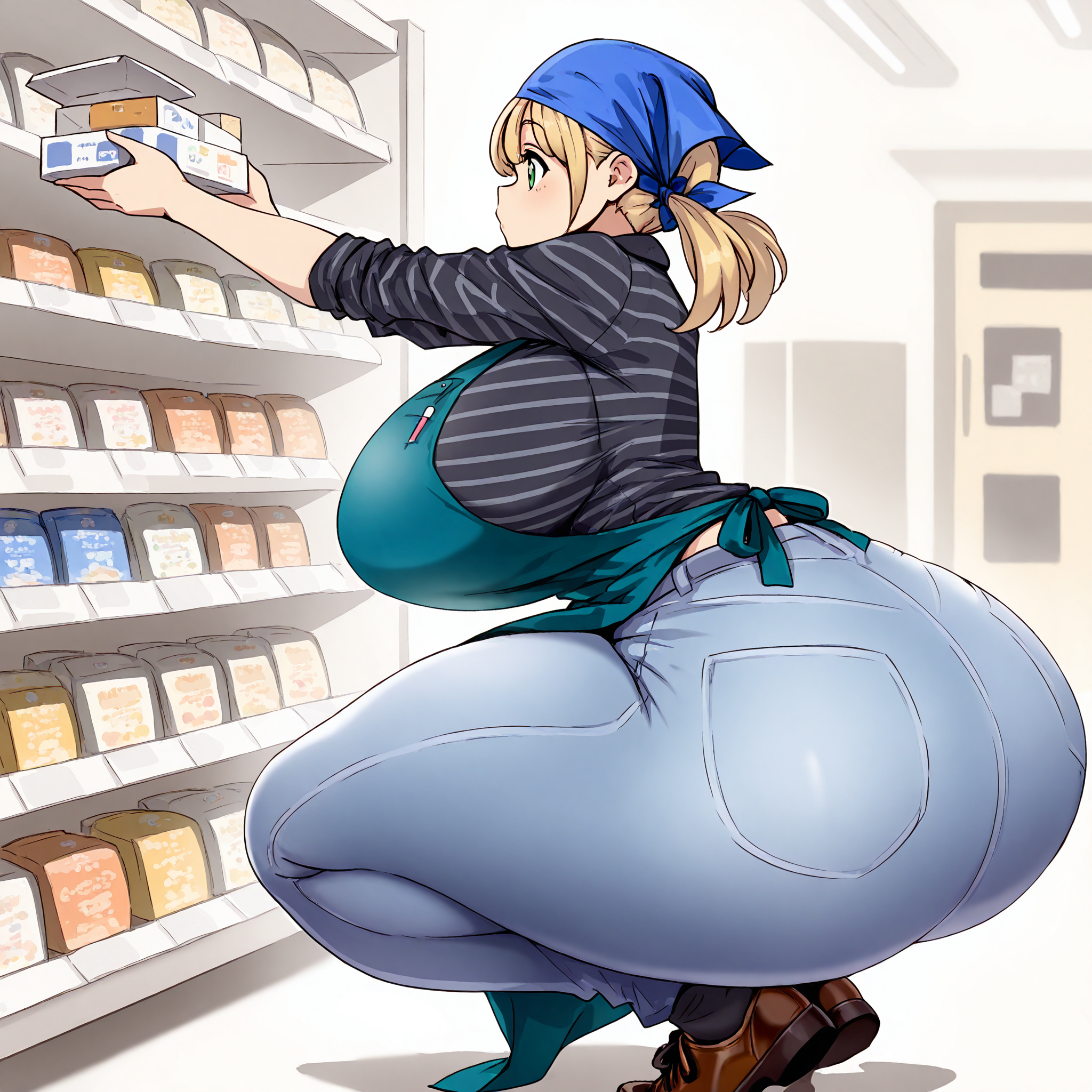 (masterpiece), best quality, (highly detailed), 1female, solo, <lora:night_blade_style_Illustrious:0.8>, jeans, huge ass, huge breasts, squatting, blue apron, black shirt, striped shirt, holding box, blonde hair, green eyes, pigtails, blue head bandana, store,  brown shoes, from the side,