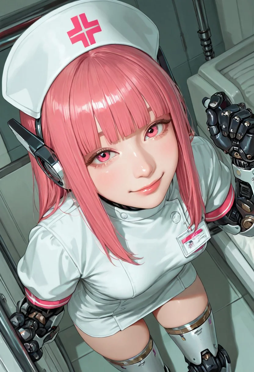 score_9,(masterpiece, best quality, dynamic angle), Best Quality,8k,
dynamic angle, 1 girl,humanoid,cute,kawaii,smile,closed eyes,pink hair,blunt bangs,looking viewer,from above,small breasts,
break, mechanical details,white mechanical head gear parts,mechanical skin,white mechanical hands,white mechanical legs,close-up face,holding medicine and Water,
break,
(wearing white nurse uniform:1.2),(mechanical wear:1.2) ,Hospital room, realistic,semi real,
Fantastic lighting,Detailed eye,large eyes,