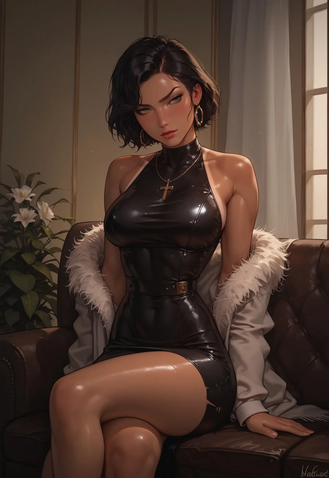 safe_pos, masterpiece,best quality, highly detailed, score_9, score_8_up, score_7_up, score_6_up, score_5_up, score_4_up, Expressiveh, 1girl,curvy body,toned body,oiled up skin,tan lines,Helga Sinclair,wearing a noble dark dress with a white scarf,sitting on an armchair,living room